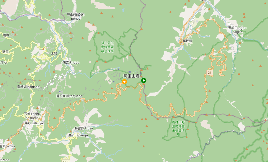 Map showing Alishan National Forest Recreation Area visitor center and Zhushan sunrise viewing platform, Chiayi County, Taiwan