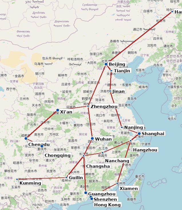 Map of China showing major high-speed rail cities and lines