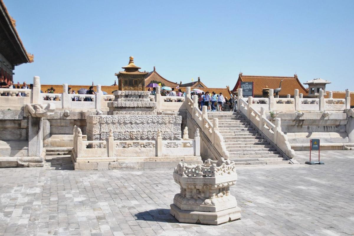 Visitors at a grand hall courtyard in the Forbidden City