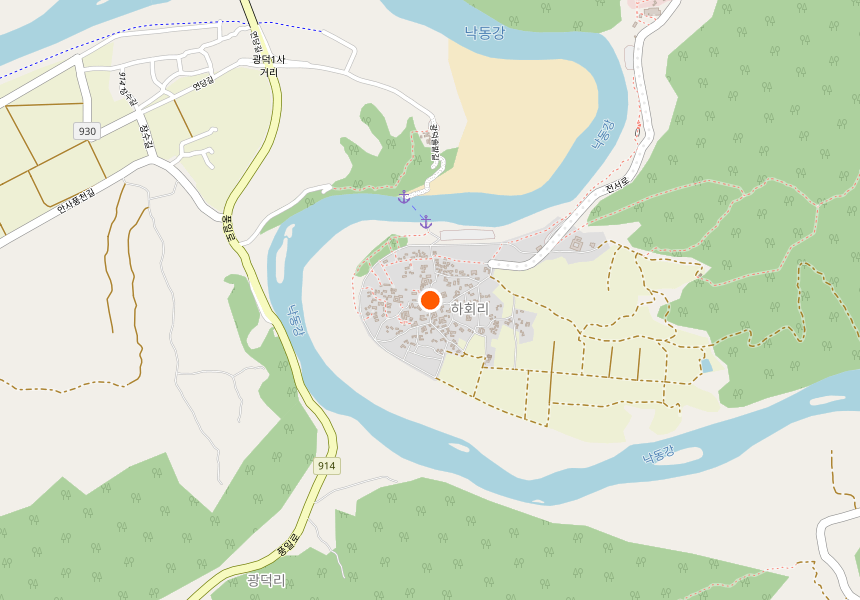 Map showing the location of Hahoe Folk Village within the Nakdong River bend near Andong, South Korea