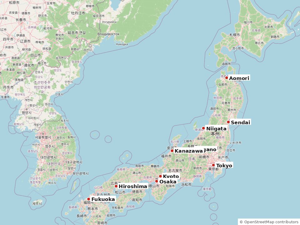 Map of Japan showing major cities reachable by JR rail passes