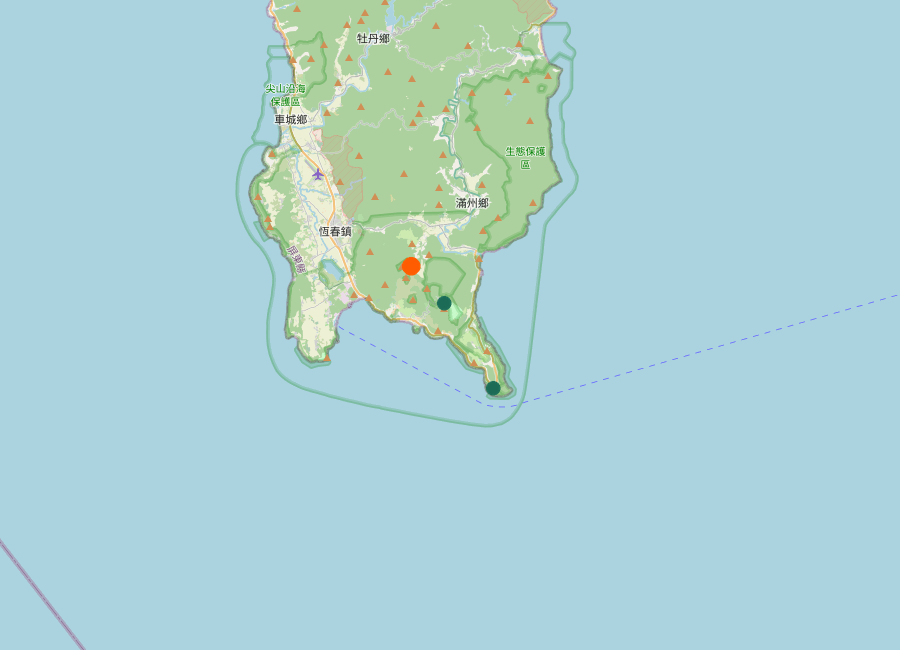 Map showing Kenting National Park Headquarters, Eluanbi Lighthouse and Sheding Nature Park, Pingtung County, Taiwan
