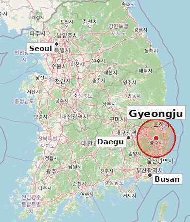 Map of South Korea showing Gyeongju in the southeast near Busan and Daegu