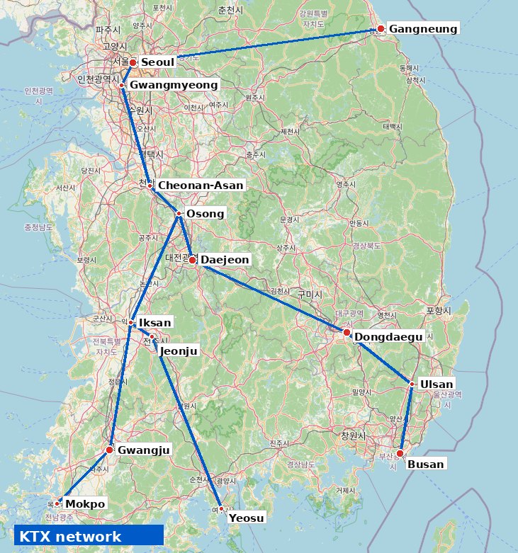 Map of South Korea showing major KTX high-speed rail stations and lines