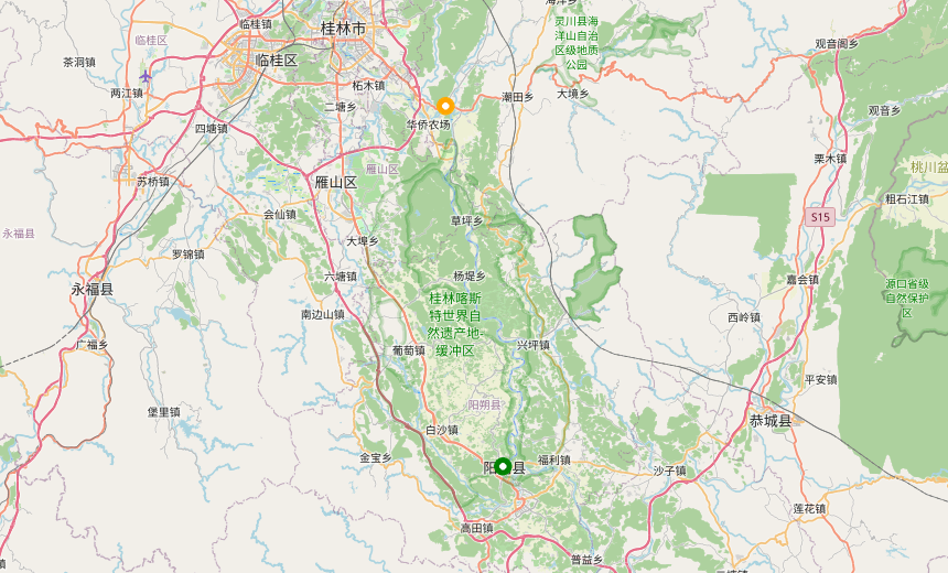 Map showing the Li River cruise route from the Guilin pier area to Yangshuo, Guangxi, China