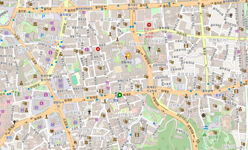 Map showing Myeongdong Cathedral and Myeongdong Station in Seoul, South Korea