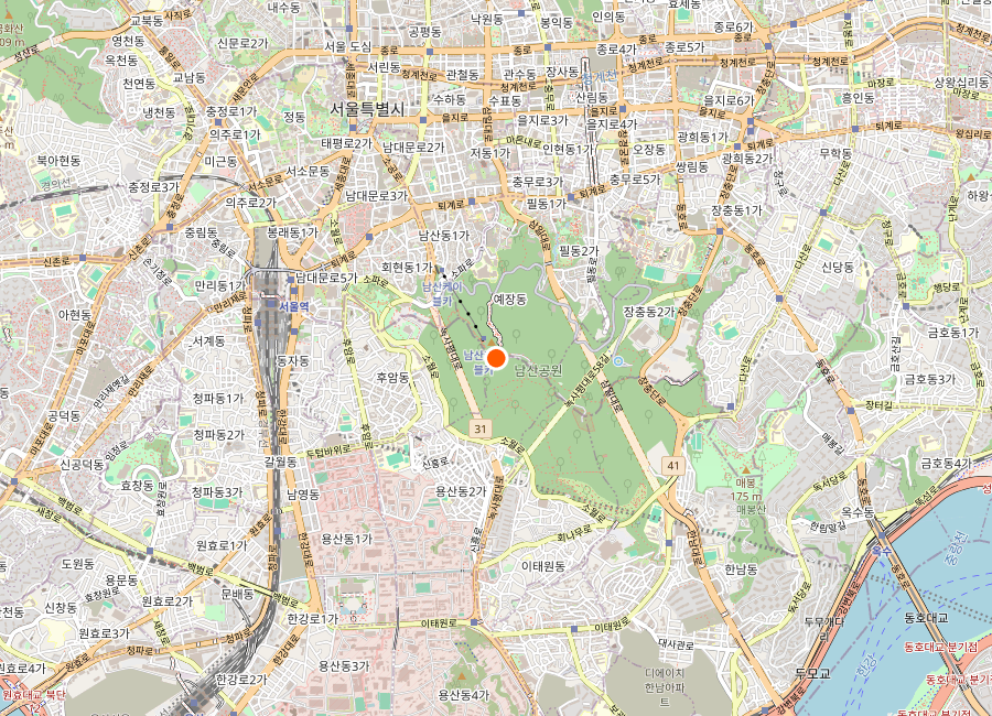 Map showing the location of N Seoul Tower on Namsan, central Seoul
