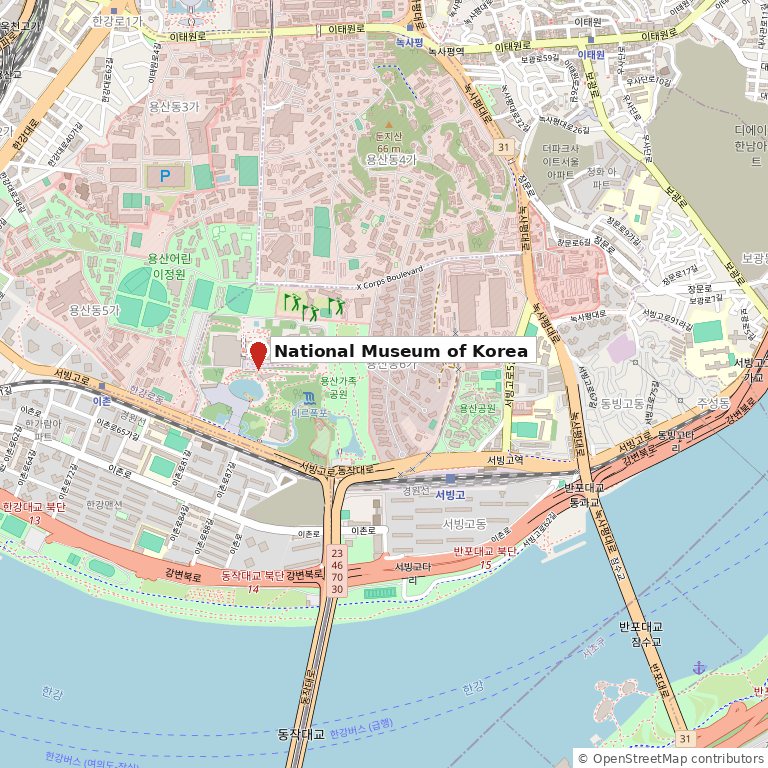 Map showing the National Museum of Korea near Ichon Station, Seoul