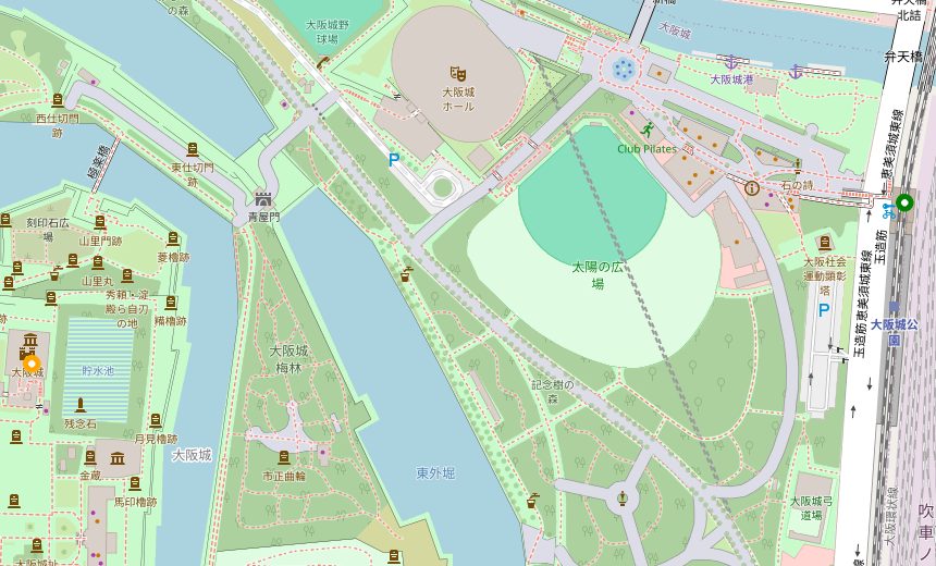 Map showing Osaka Castle main keep and Osakajokoen Station, Osaka, Japan