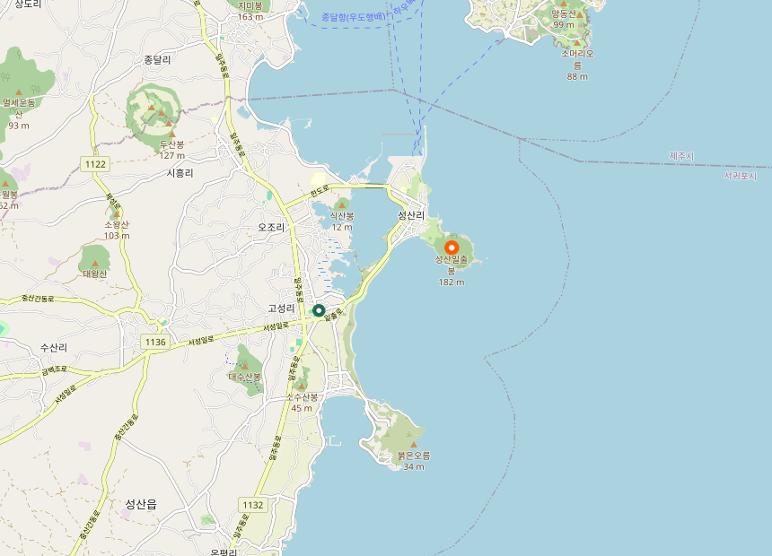 Map showing Seongsan Ilchulbong peak and the nearest bus stop, Jeju Island, South Korea