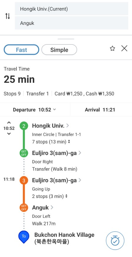 Route with time, stops and fare