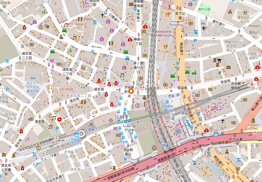 Map showing the location of Shibuya Crossing outside Shibuya Station in Tokyo, Japan