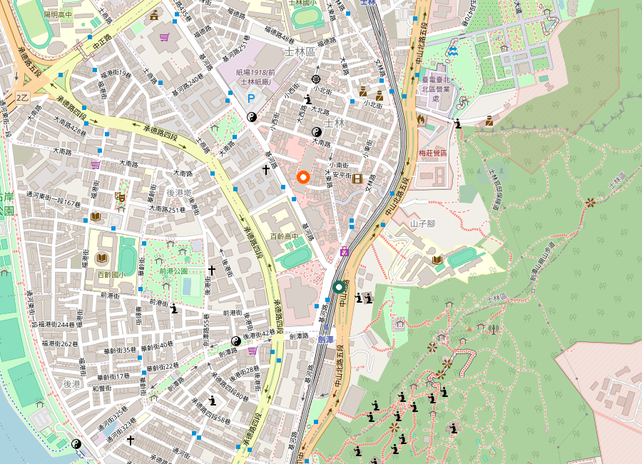 Map showing Shilin Night Market and Jiantan MRT Station, Taipei, Taiwan
