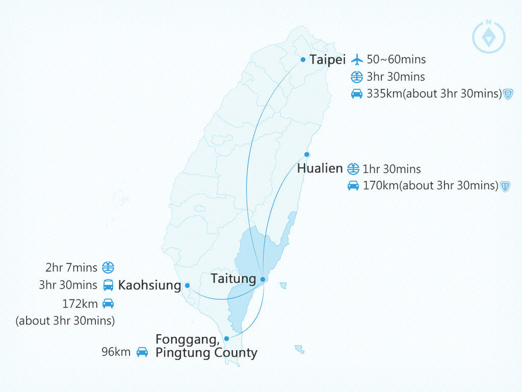 Official Taitung transport map showing rail, air, road and bus routes