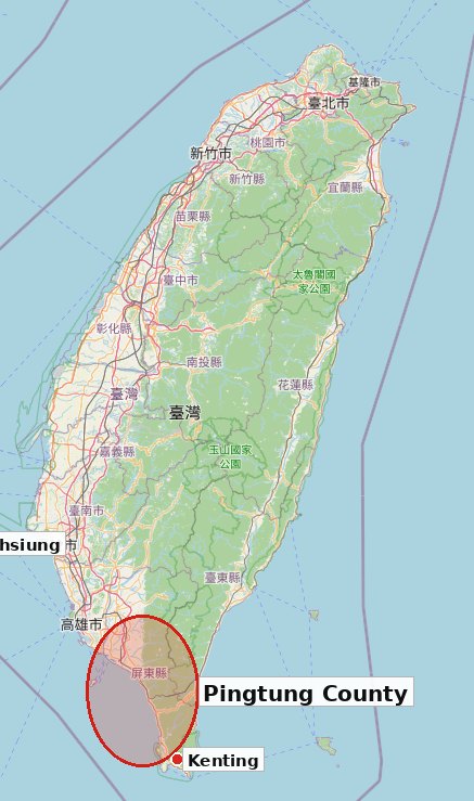 Map of Taiwan highlighting Pingtung County and Kenting at the southern tip