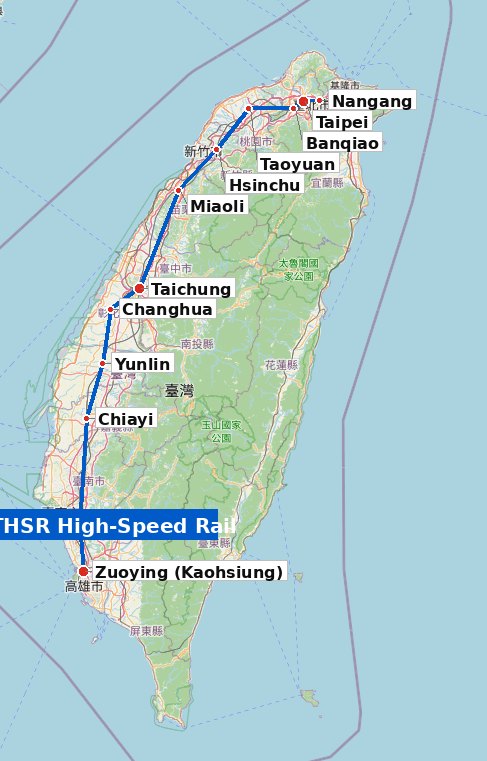 Map of Taiwan showing all 12 THSR stations from Nangang to Zuoying