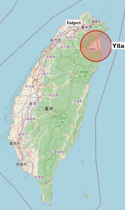 Map of Taiwan highlighting Yilan County in the northeast, near Taipei