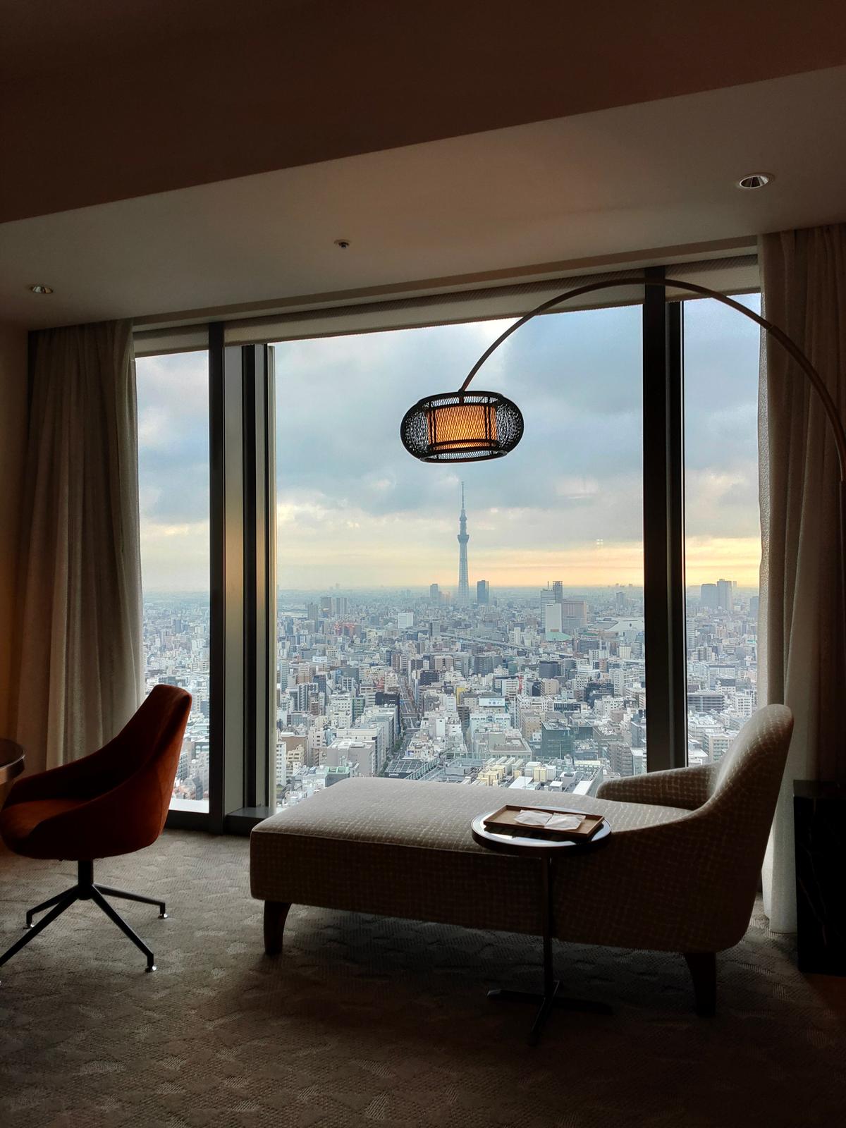 Hotel room in Tokyo with a view toward Tokyo Skytree
