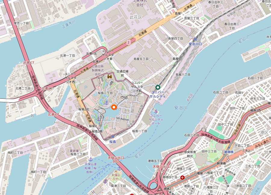 Map showing Universal Studios Japan and Universal City Station in Konohana-ku, Osaka, Japan