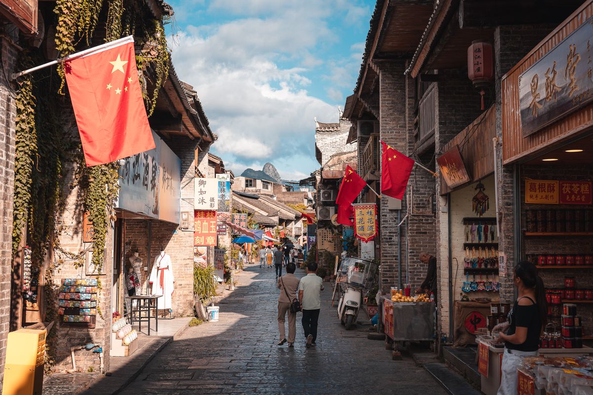 Street scene in Xingping ancient town along the Li River near Yangshuo