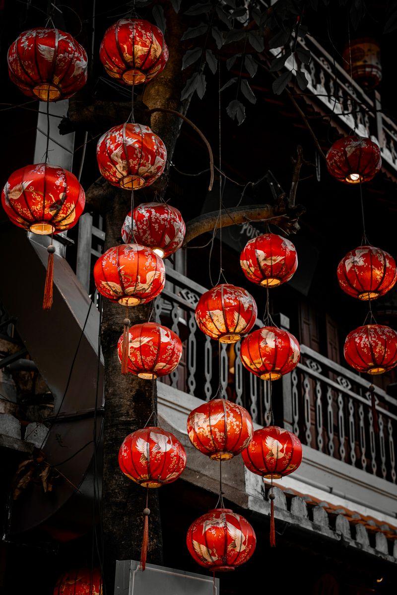 Red lanterns illuminated at night during a festival display near Yu Garden, Shanghai