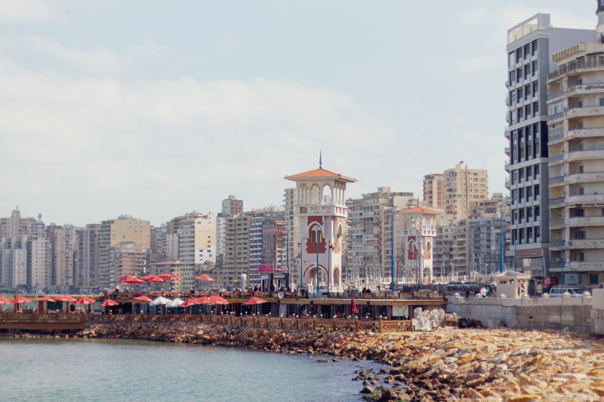 Stanley Bridge and the high-rise skyline along Alexandria's Corniche waterfront on the Mediterranean coast