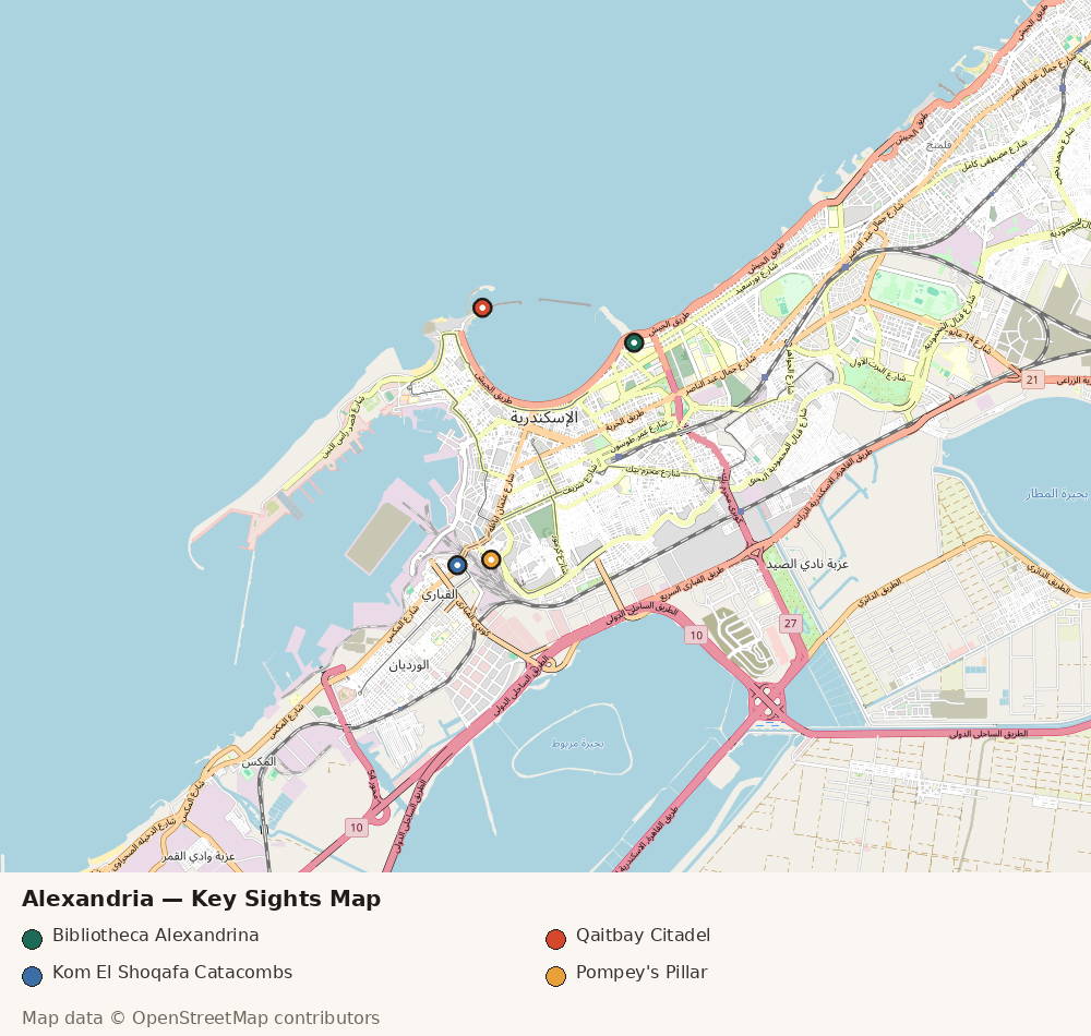 Map of Alexandria showing the locations of the Bibliotheca Alexandrina, Qaitbay Citadel, Catacombs of Kom El Shoqafa, and Pompey’s Pillar