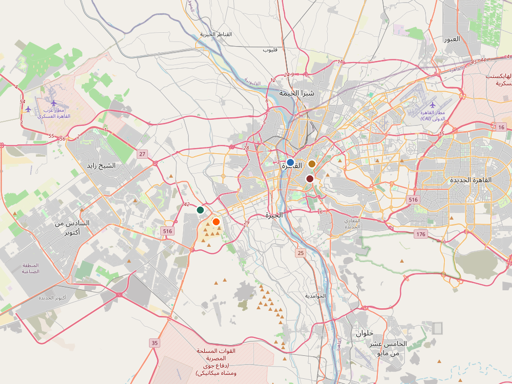 Map of Cairo, Egypt marking the Giza Pyramids, Grand Egyptian Museum, Egyptian Museum, Khan el-Khalili and the Cairo Citadel