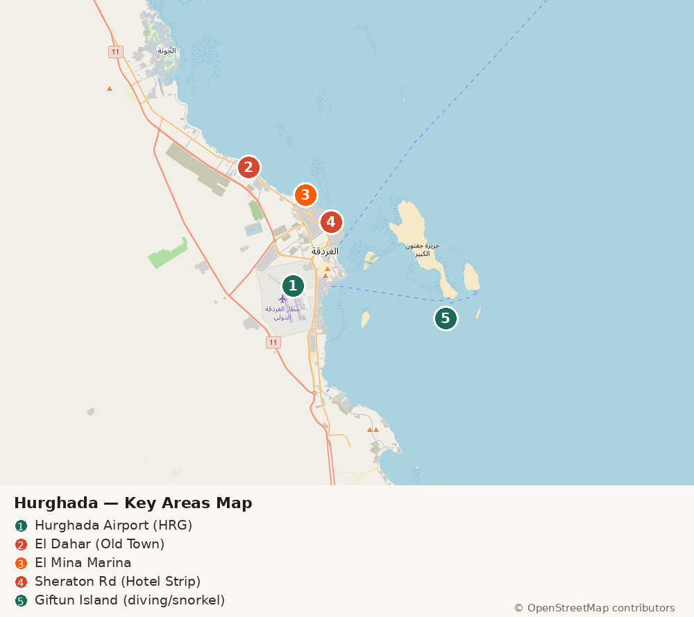 Map of Hurghada showing the airport, El Dahar old town, El Mina Marina, Sheraton Road hotel strip, and Giftun Island diving area