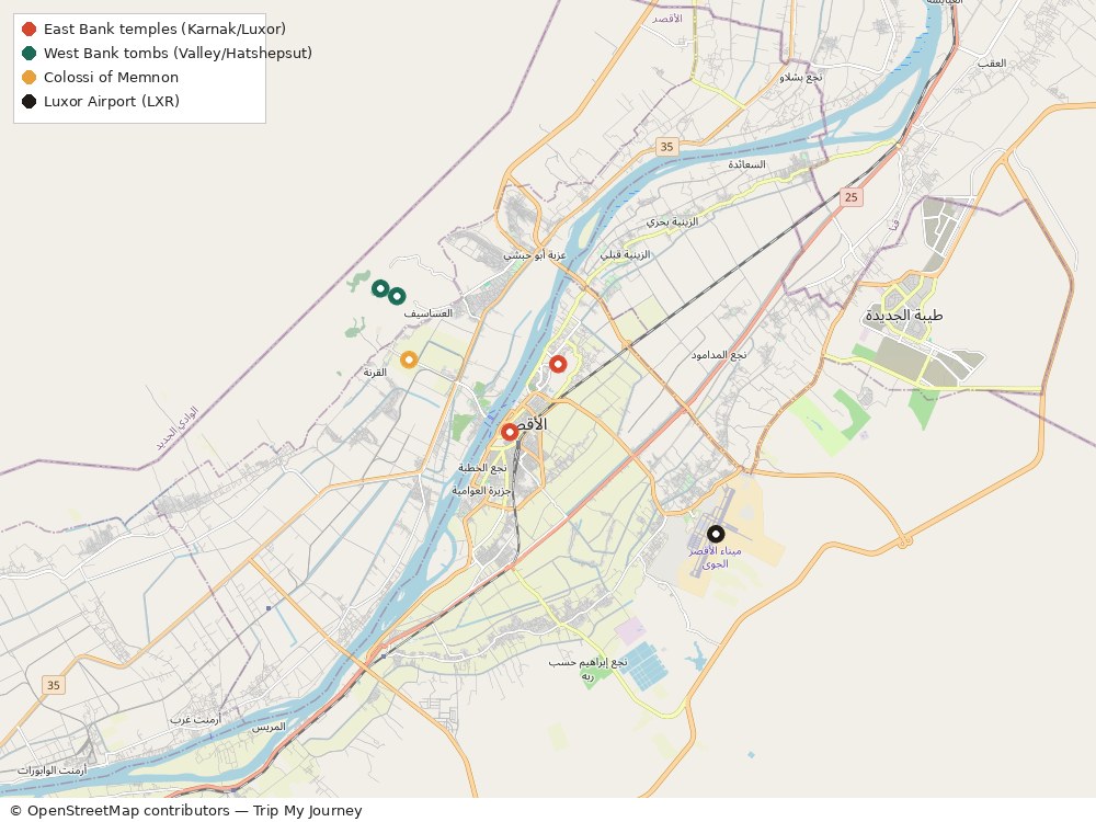 Map of Luxor showing Karnak Temple, Luxor Temple, the Valley of the Kings, Temple of Hatshepsut, Colossi of Memnon, and Luxor International Airport